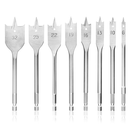 Spade Drill Bits Set, 8 Pcs Carbon Steel Heavy Duty Hex Shank Paddle Bit Tools, 6-32mm Woodworking Drilling Flat Bits Blades Kit Flat Bit Blades Set for Woodworking Plastic Chipboard
