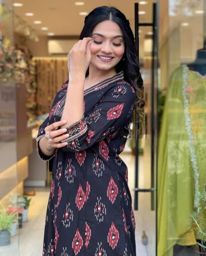 Image of Dress for Women | Anarkali Maxi Dresses | Three Piece | Embroidered Flared | Cotton Printed | with Pant and Dupatta | Long | Black