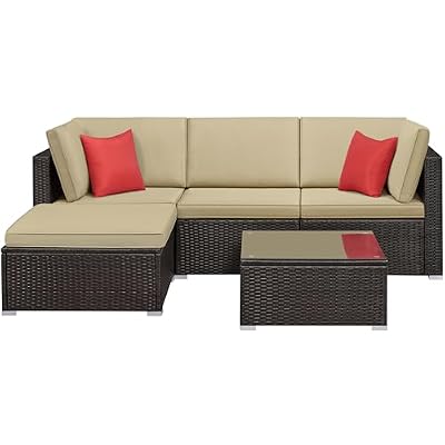 Yaheetech Patio Furniture Set, 5-Piece Outdoor/Indoor Rattan Wicker Sofa Set w/Glass-top Table & Cushions, All-Weather Conversation Lounge Set for Porch/Yard/Poolside/Balcony - Brown/Khaki