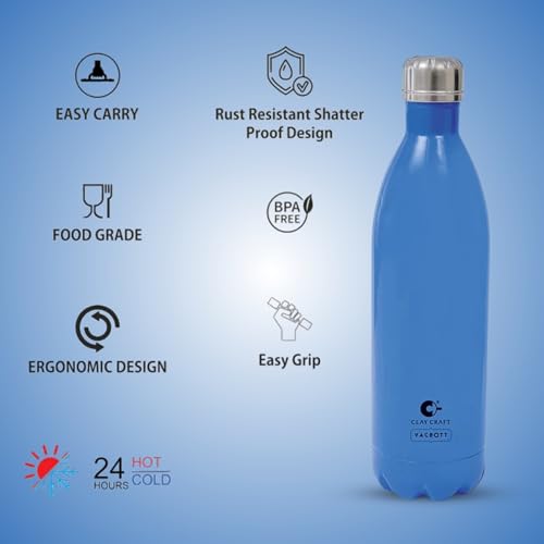 Image of Clay Craft VACBOTT Stark Double Walled 18 Hours Hot and 24 Hours Cold Water Flask Bottle-1000ML, 2-Piece(Deep Blue) Leak Proof|Easy to Carry|Gym Bottle|Home|Kitchen|Hiking|Travel Bottle|BIS Certified