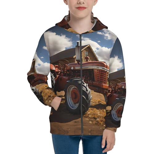 Red Tractor Print Girls Athletic Zip Up Hoodies,Sweatshirts with Pockets Long Sleeve Hooded Jackets, for 7-18 Y2