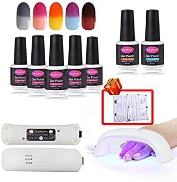 CLAVUZ Gel Nail Polish Set Soak Off Color Changing Nail Lacquer 5pcs 6W Nail Lamp with Top Base Coat 10pcs Remover Wipes Kit