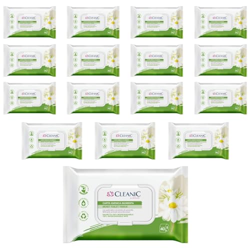 Cleanic Carta Igienica Umidificata - (40x16 Pezzi) Carta Igienica - Con estratto di camomilla, lavabile, salviette per pulizia intima, delicate pelle sensibile - 640 Pezzi