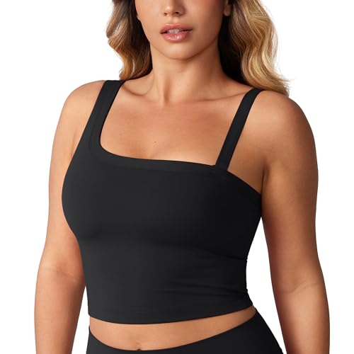 UNISSU Hugcurve Detachable Shoulder Strap Longline Sports Bra for Women One Shoulder Workout Tank Crop Tops Built in Bra Black Medium