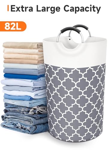 Image of 82L Large Laundry Basket, Collapsible Laundry Bag, Freestanding Tall Clothes Hamper, Foldable Washing Bin (GREY 1)