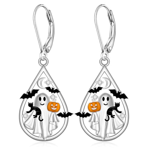Halloween Earrings for Women Bat Ghost Earrings Sterling Silver Halloween Ghost Dangle Black Cat Moon Earring Spooky Holiday Jewelry