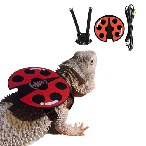 FORZENA Bearded Dragon Harness Leash Soft Leather Harness with Ladybug Patch Adjustable Strap Outside Walk Training Leash for Reptile Lizard Amphibians (Red)