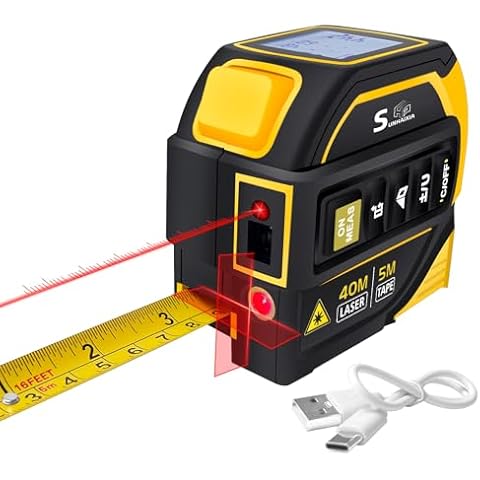 4 in 1 Laser Tape Measure，Laser Crosshairs | 328ft/100m Laser Distance Meter Display On Backlit LCD Screen with 16ft/5m AutoLock Measuring Tape | Ft/Inch/Fractions/M/mm (Type-C Yellow) Cover
