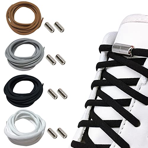 4 Paar Elastische Schnürsenkel Ohne Binden Ersatz Schnürsenkel Schnellverschluss mit Metallkapsel Universeller Elastische Schuhbänder (Schwarz/Weiß/Grau/Braun) Cover