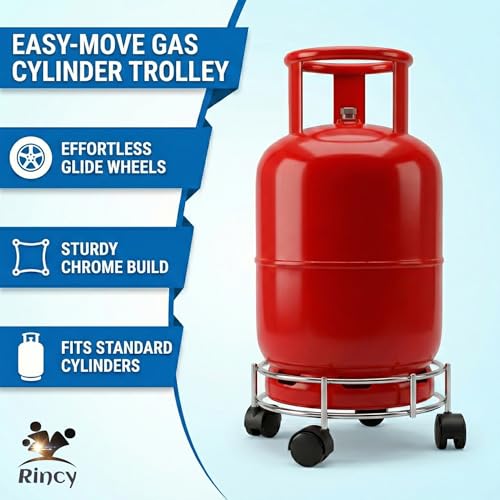 Image of Rincy Stainless Steel LPG Gas Cylinder Trolley with Heavy 4-Wheel Support - Cylinder Stand for Kitchen (Steel-2 Pcs)