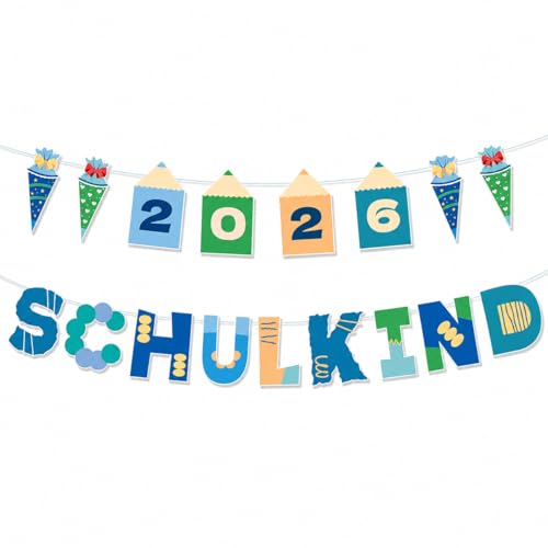 Koboko Schulkind 2026 Girlande Hänge Deko Einschulung Deko Banner Schulanfang Girlande für Junge Endlich Schulkind Banner für Schuleinführung Schulanfang Deko Einschulung Girlanden Hängedeko