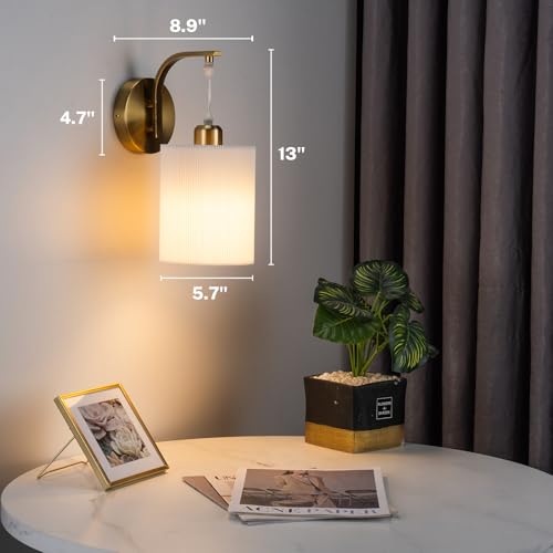 Image of Battery Operated Wall Sconce Set of Two, Pleated Fabric Rechargeable Wireless Wall Sconces with 13000mAh Bulb & Dimmable, Battery Sconces Wall Light Decor Set of 2 for Living Room, Gold