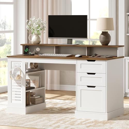 STHYTON 55inch Farmhouse Executive Desk with 2 Drawers and File Cabinet, Computer Desk with 3-Tier Storage Shelves, Home Office Desk with Charging Station, Pegboard and Monitor Shelf, White and Walnut