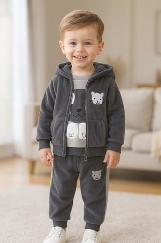 Image of Bold N Elegant Unisex Kids Fur Printed 3D Reindeer Cartoon Thick Winter Warm T-Shirt Pant With Hood Jacket 3 Pc Clothing Set