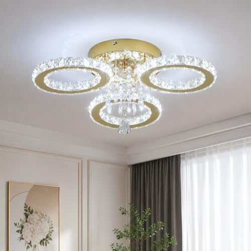 Image of VETRULUS Crystal LED Chandelier Gold Flush Bedroom Ceiling Light Cool White