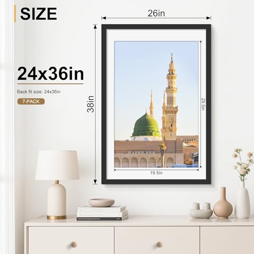 Picrit 24x36 Black Poster Frame 7 Pack, Display Pictures 20 x 30 with Mat or 24 x 36 without Mat for Horizontal or Vertical Wall Mounting, Wall Gallery Photo Frames