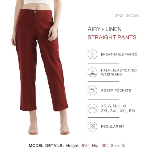 Image of SAADAA Women's Airy Linen Straight Pants | Regular Fit Trousers | Half Elasticated with Drawstrings & Buttons | 4 Pockets | Everyday & Office Wear