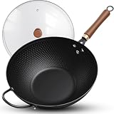 Jobin 33cm Wok de Inducción con Tapa, Sin Recubrimiento Químico, Pre-sazonado Wok de Acero al Carbono, con Mango Auxiliar de Madera y Acero, Compatible con Inducción