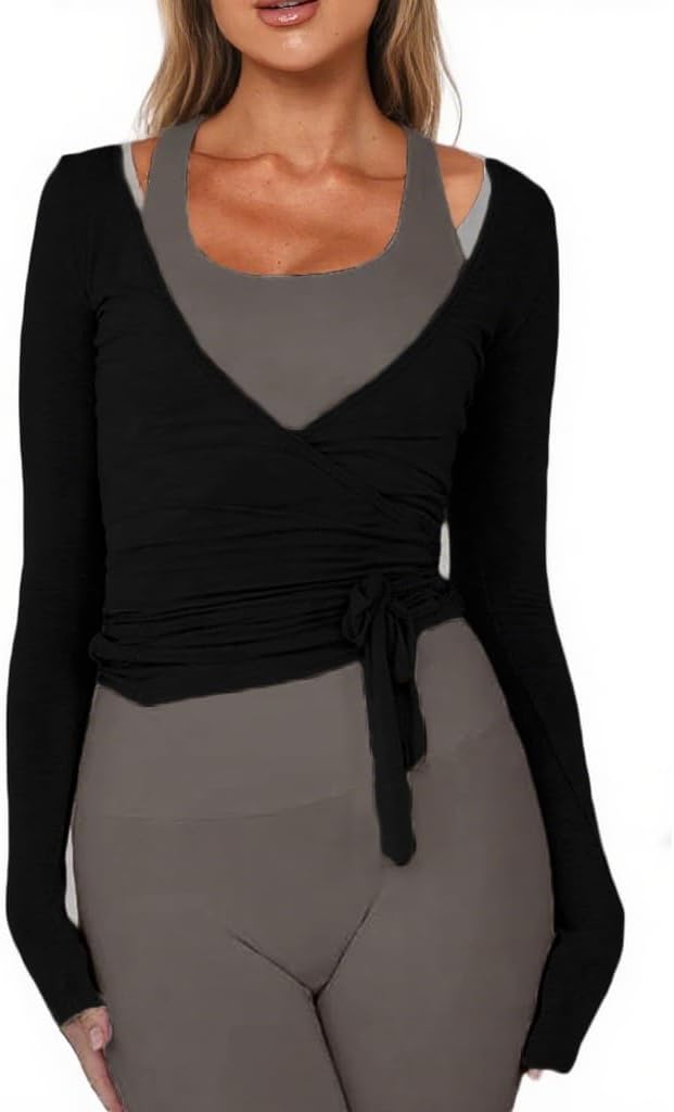 Women Ballet Wrap Top Long Sleeve Self Tie Dance Shirt Pilates Yoga Tops Y2k Workout Active Blouses