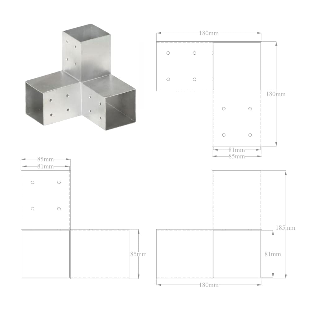 Conector de postes en forma de Y de metal galvanizado para vigas de madera de 81 x 81 mm, elemento de conexión de 3 vías para postes de vallas, travesaños, travesaños, puntales, fijación