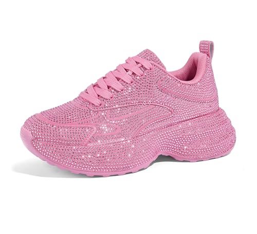 LUCKY STEP Rhinestone Chunky Sneakers for Women Fashion Platform Sparkly Dad Casual Shoes Lightweight Tennis Walking Sport Footwear(Pink,8.5)