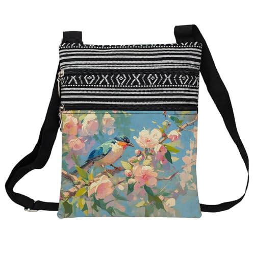Oil Painting Floral Bird Messenger Bag Small Ethnic Pattern Printed Adjustable Strap Crossbody Zipper Bag Oil Painting Floral Bird Phone Bag Wallet Cute Shoulder Handbag for Women Friends -2