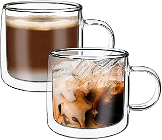 Vinsani VITRUM Double Walled Coffee Drink Glasses Tea Cup Mug 400ml Set of 2 Heat Cold Resistant Aesthetic Clear Borosilicate Glass with Handle Latte Cappuccino Tea Dessert Hot and Cold Drinks