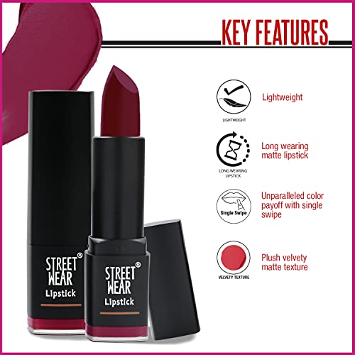 Image of STREET WEAR Matte Lipstick -BLUNT BERRY (Berry) - 4.2 gms -Longwear, Velvety texture, Fade-resistant, High Color payoff, Lightweight Matte Lipstick, Plant-based Canuuba wax, Paraben-free