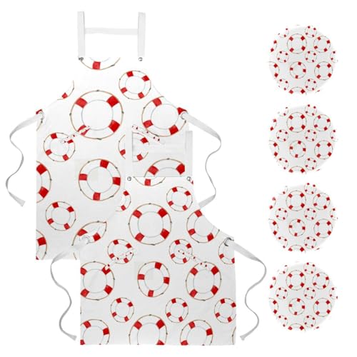 Lot de 2 tabliers de cuisine avec 4 broches motif bouée de sauvetage rouge taille unique