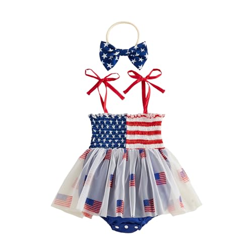 YINGISFITM 4th Fourth of July Baby Girl Dress Outfit USA American Flag Romper Dress Halter Onesie Independence Day Clothes (Blue USA flag 6-12 Months)