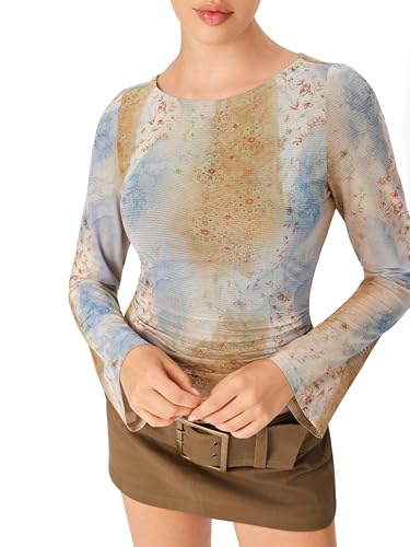 CIDER Womens Floral Print Long Sleeve Top Ruched Slim Fit Y2K Fashion Shirt3