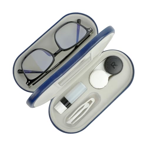 Zettokete Estojo 2 em 1 para lentes de contato e óculos, design de dupla face de uso duplo com espelho, pinça e frasco de solução de lentes de contato, kit portátil de armazenamento de imersão para