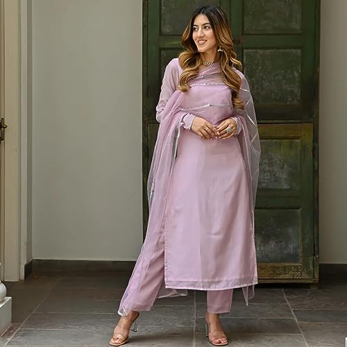 Image of GoSriKi Women's Cotton Blend Straight Solid Kurta with Pant & Dupatta