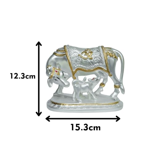 Image of Silver Plated Om Cow and Calf Idol | Kamadhenu with Calf on Engraved Base | Sacred Silver Cow Figurine for Pooja, Vastu & Gifting | Spiritual Home Decor | 15.3 x 9 x 12.3 cm