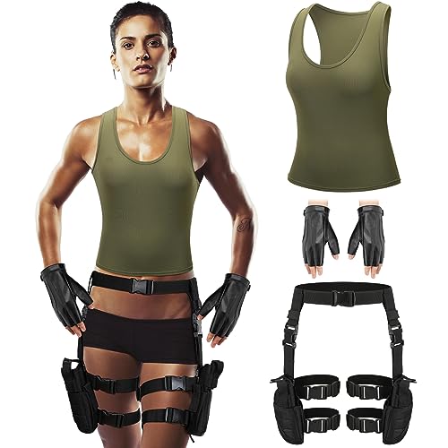 3 Pcs Halloween Thigh Holsters Costume for Women Adjustable Leg Gun Holster Pouch Holder and Racerback Crop Tank Top Glove (Large)