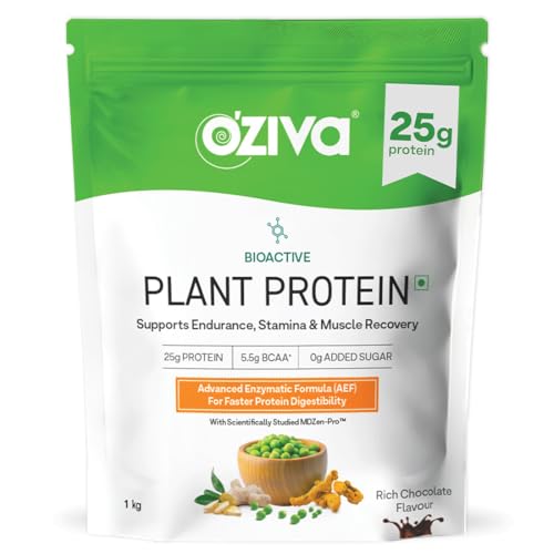 Image of OZiva Bioactive Plant Protein (Chocolate) 1kg | 25g Protein,5.5 BCAA| Pea Isolate| Plant based Protein Powder for Women & Men | Essential Amino Acids| Vegan Protein supplement, Clean, Sugar free