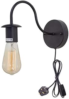 FSLiving Minimalist Single Socket Vintage Industrial Loft Style 1-Light Wall Sconce E27 CE Certification Plug-in Button Switch Cord Lighting Black Bulb NOT Included