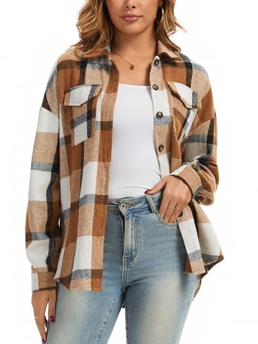 Enjoyoself Camisa Cuadros Mujer Franela Algodón Cálido Camisa Leñador Blusas Basiccon Botones Camisetas Cuello en V Manga Larga Casual Oficina Básico Vintage Western Marrón café XXL