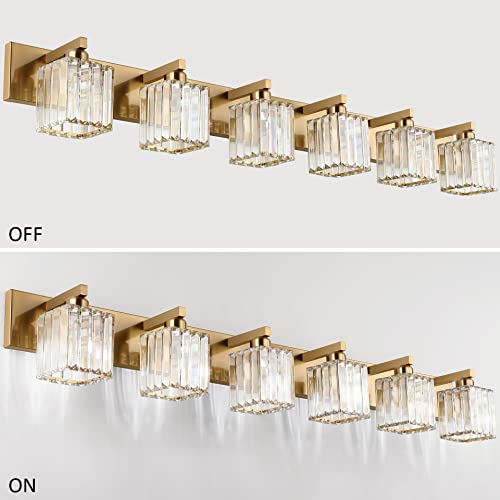 Image of Aipsun Bathroom Vanity Light Brass Crystal Vanity Lighting Fixtures 6 Light Modern Bathroom Lighting Fixtures (Exclude Bulb)