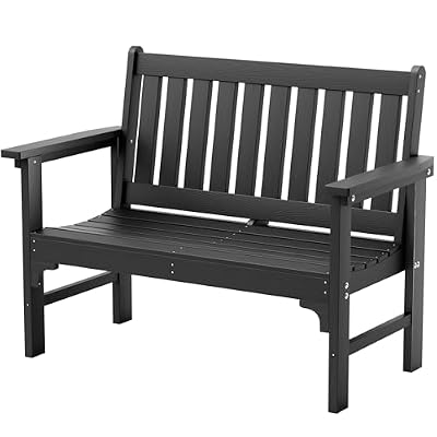 Flamaker HDPE Outdoor Garden Bench,2-Person Heavy Duty Ergonomic Outside Benches Weatherproof with 700 lbs Capacity,Ideal for Patio, Porch, Backyard, Black