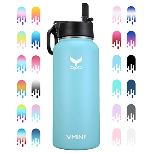 Vmini Wasserflasche – breite Öffnung, 18/8 Edelstahl, doppelwandig, vakuumisoliert, neuer Strohdeckel mit breitem Griff (Nattier Blue, 32 oz)