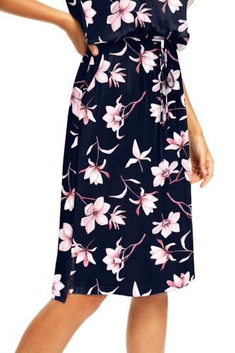 Image of Simier Fariry Womens Summer Hide Belly Knee Length Travel Dress Pocket Short Sleeve Midi Work Casual Outfits