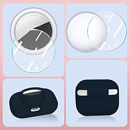 2 In 1 Protective Case For Apple Airpods Pro Air Tag Holder Combo, Soft Silicone Airpods Pro Airtag Case With 2 Pcs Screen Protector, Anti-Scratch Anti-Fall Anti-Lost Shockproof Durable(Navyblue) #TOP5
