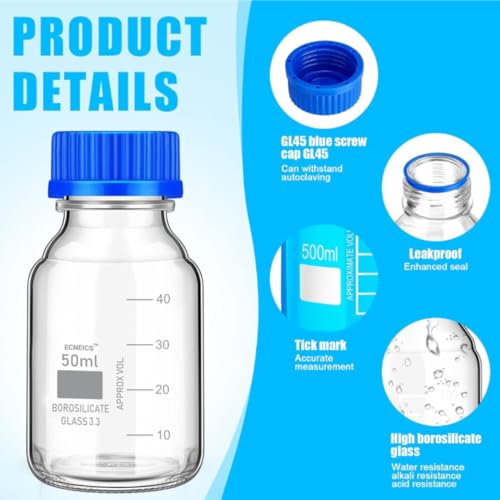 Image of Borosilicate Glass reagent bottle 50ml with leak proof Blue Screw Cap pack of 6 for glassware wide mouth chemical bottles for lab, laboratory, kitchen and professional use