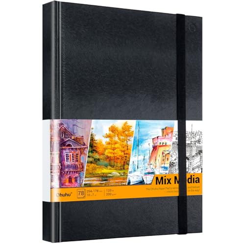 Ohuhu Mix Media Pad 10 x 7 Mixed Media Art Sketchbook 120 LB/200 GSM Heavyweight Papers 78 Sheets/156 Pages PU Hardcover Mixed Media Paper Pad for Acrylic Painting Christmas Gift