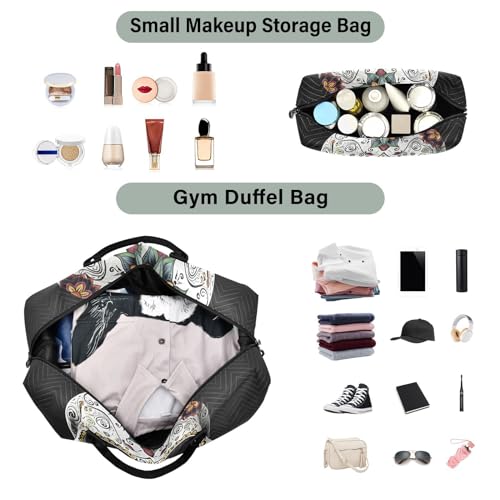 Large Travel Duffel Bag, White and Mexican Skull Sports Tote Gym Bag, Shoulder Weekender Overnight Bag for Women Men, Carry On Luggage with Toiletry Bags4