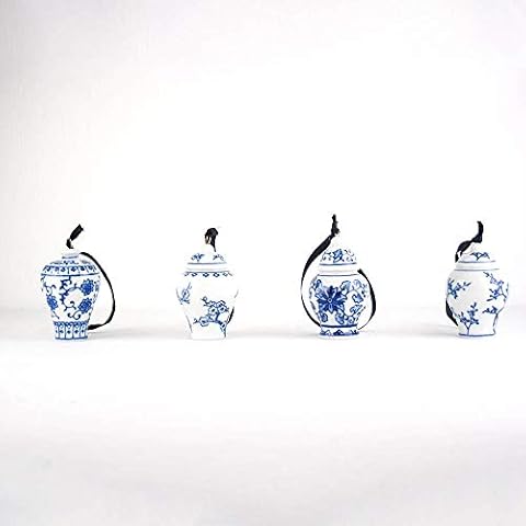 Bandwagon Mini Ginger Jar Ornaments - Set of 4 Porcelain Hanging Chinoiserie Vase Vintage Christmas Decorations, Blue/White Cover