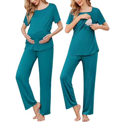 Image of Ekouaer Women's Maternity Nursing Pajamas Sets Short Sleeve Postpartum Pregnancy Pajama for Hospital Breastfeeding PJS with Pants Teal Large