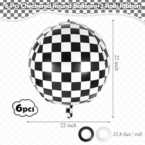 Image of 6 Pcs 4D Checkered Balloons, 22 Inch Sphere Checkered Foil Balloons, Black and White Checkerboard Mylar Round Balloons for Race Car Birthday Party Decorations Supplies