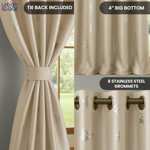 Image of Urban Space 100% True Blackout Curtains for Door, Gold Foil Printed Blackout Curtains, Blackout Decorative Door Curtain Eyelet with Tieback, 1 Piece Curtain for Living Room(Crackle Beige, 7 Feet)